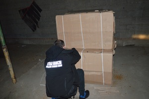 Zatrzymany tytoń W magazynie funckjoanriusz Straży Granicznej kuca obok ogromnego kartonu