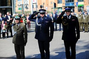 Obchodt 231. rocznicy uchwalenia Konstytucji 3 Maja Przedstawiciele Straży Granicznej i policji składają kwiaty pod pomnikiem