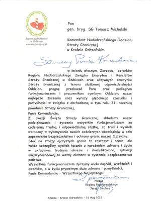 Życzenia skierowane przez Prezesa Regionu Nadodrzańskiego ZEiR SG 