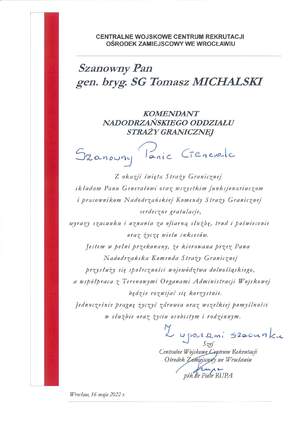 Życzenia skierowane przez Szefa Centralnego Wojskowego Centrum Rekrutacji Ośrodek Zamiejscowy we Wrocławiu 