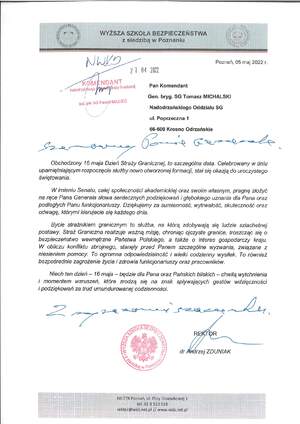 Życzenia skierowane przez Rektora Wyższej Szkoły Bezpieczeństwa z siedzibą w Poznaniu 