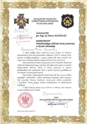 Życzenia skierowane przez Szefa Delegatury Wojskowej Ochrony Przeciwpożarowej w Zielonej Górze 