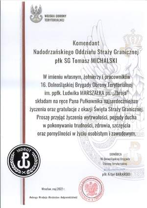 Życzenia skierowane przez Dowódcę 16 Dolnośląskiej Brygady Obrony Terytorialnej 