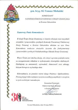 Życzenia skierowane przez Komendanta Powiatowego PSP w Krośnie Odrzańskim 