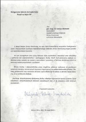 Życzenia skierowane przez Panią Poseł na Sejm RP Małgorzatę Sekułę-Szmajdzińską 