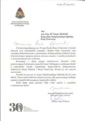 Życzenia skierowane przez Dolnośląskiego Komendanta Wojewódzkiego PSP 