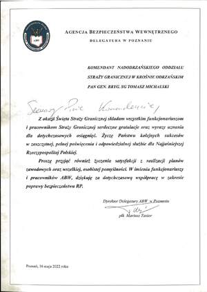 Życzenia skierowane przez Dyrektora Delegatury Agencji Bezpieczeństwa Wewnętrznego w Poznaniu 