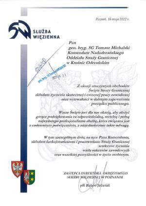 Życzenia skierowane przez Zastępcę Dyrektora Okręgowego Służby Więziennej w Poznaniu 