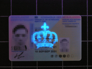 Podrobiony holenderski dowód osobisty w świetle UV Podrobiony holenderski dowód osobisty w świetle UV