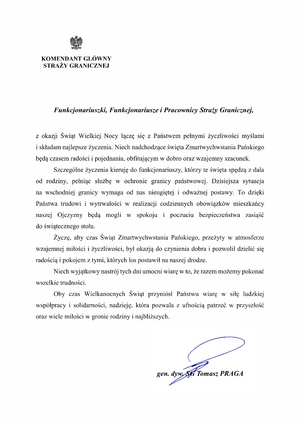 Życzenia Wielkanocne Komendanta Głównego Straży Granicznej Życzenia Wielkanocne Komendanta Głównego Straży Granicznej