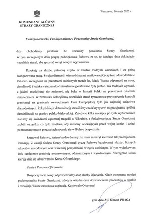 Życzenia Komendanta Głównego Straży Granicznej gen. dyw. SG Tomasza Pragi Życzenia Komendanta Głównego Straży Granicznej gen. dyw. SG Tomasza Pragi