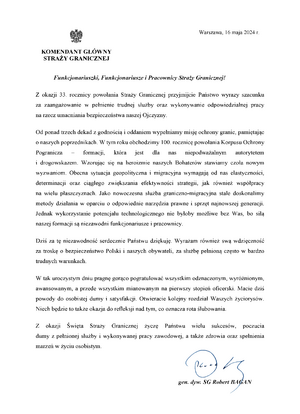 Życzenia Komendanta Głównego Straży Granicznej z okazji Święta Straży Granicznej Życzenia Komendanta Głównego Straży Granicznej z okazji Święta Straży Granicznej