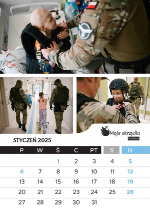 Kalendarz Fundacji Moje Skrzydła przedstawiający dzieci na wydziale onkologicznym poznańskiego szpitala wraz z przedstawicielami różnych służb mundurowychch Kalendarz Fundacji Moje Skrzydła przedstawiający dzieci na wydziale onkologicznym poznańskiego szpitala wraz z przedstawicielami różnych służb mundurowych