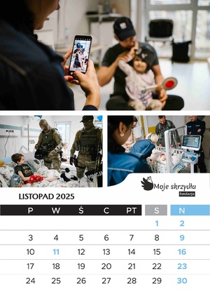 Kalendarz Fundacji Moje Skrzydła przedstawiający dzieci na wydziale onkologicznym poznańskiego szpitala wraz z przedstawicielami różnych służb mundurowychch Kalendarz Fundacji Moje Skrzydła przedstawiający dzieci na wydziale onkologicznym poznańskiego szpitala wraz z przedstawicielami różnych służb mundurowych