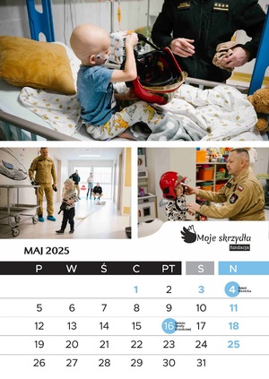 Kalendarz Fundacji Moje Skrzydła przedstawiający dzieci na wydziale onkologicznym poznańskiego szpitala wraz z przedstawicielami różnych służb mundurowychch Kalendarz Fundacji Moje Skrzydła przedstawiający dzieci na wydziale onkologicznym poznańskiego szpitala wraz z przedstawicielami różnych służb mundurowych