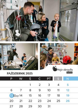 Kalendarz Fundacji Moje Skrzydła przedstawiający dzieci na wydziale onkologicznym poznańskiego szpitala wraz z przedstawicielami różnych służb mundurowychch Kalendarz Fundacji Moje Skrzydła przedstawiający dzieci na wydziale onkologicznym poznańskiego szpitala wraz z przedstawicielami różnych służb mundurowych