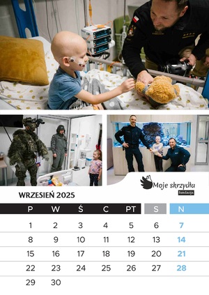 Kalendarz Fundacji Moje Skrzydła przedstawiający dzieci na wydziale onkologicznym poznańskiego szpitala wraz z przedstawicielami różnych służb mundurowychch Kalendarz Fundacji Moje Skrzydła przedstawiający dzieci na wydziale onkologicznym poznańskiego szpitala wraz z przedstawicielami różnych służb mundurowych